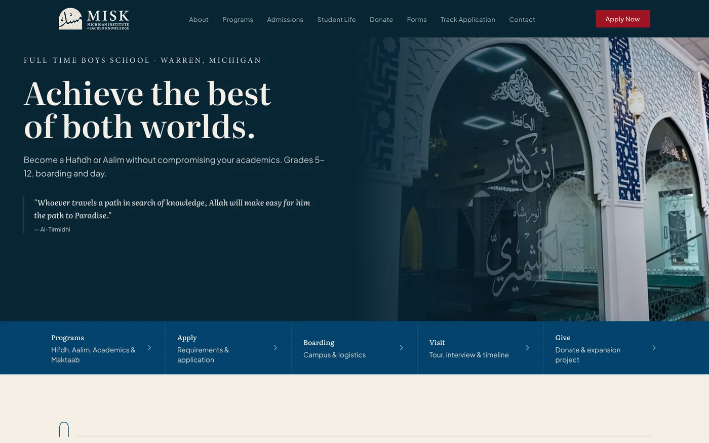 Tampilan halaman utama MISK — Michigan Institute of Sacred Knowledge